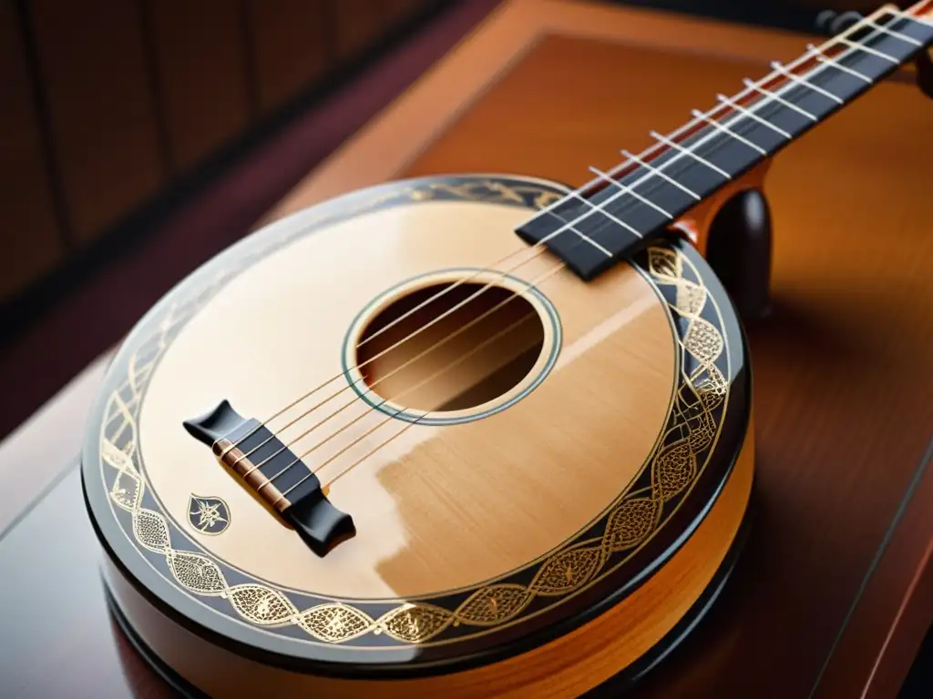 Una imagen detallada de un shamisen japonés tradicional, con exquisitos detalles de tallado en madera, cuerdas tensas y delicado trabajo incrustado