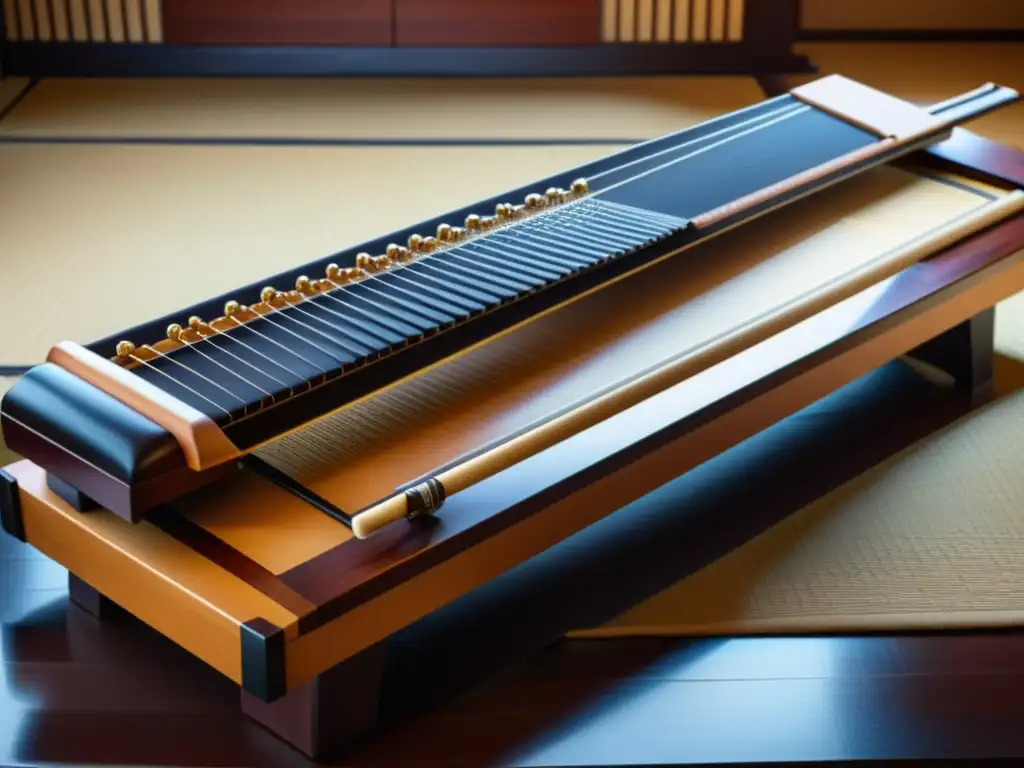 'Imagen detallada de un koto japonés tradicional, reflejando la delicadeza del instrumento en una habitación tatami iluminada suavemente