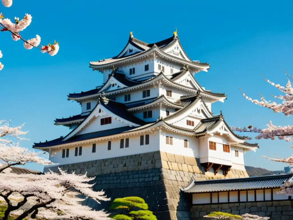 Imagen detallada del majestuoso Castillo de Himeji en Japón, rodeado de cerezos en flor