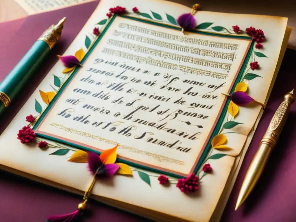 Una imagen detallada de un manuscrito decorado y plumas antiguas, evocando la artesanía literaria de la India contemporánea