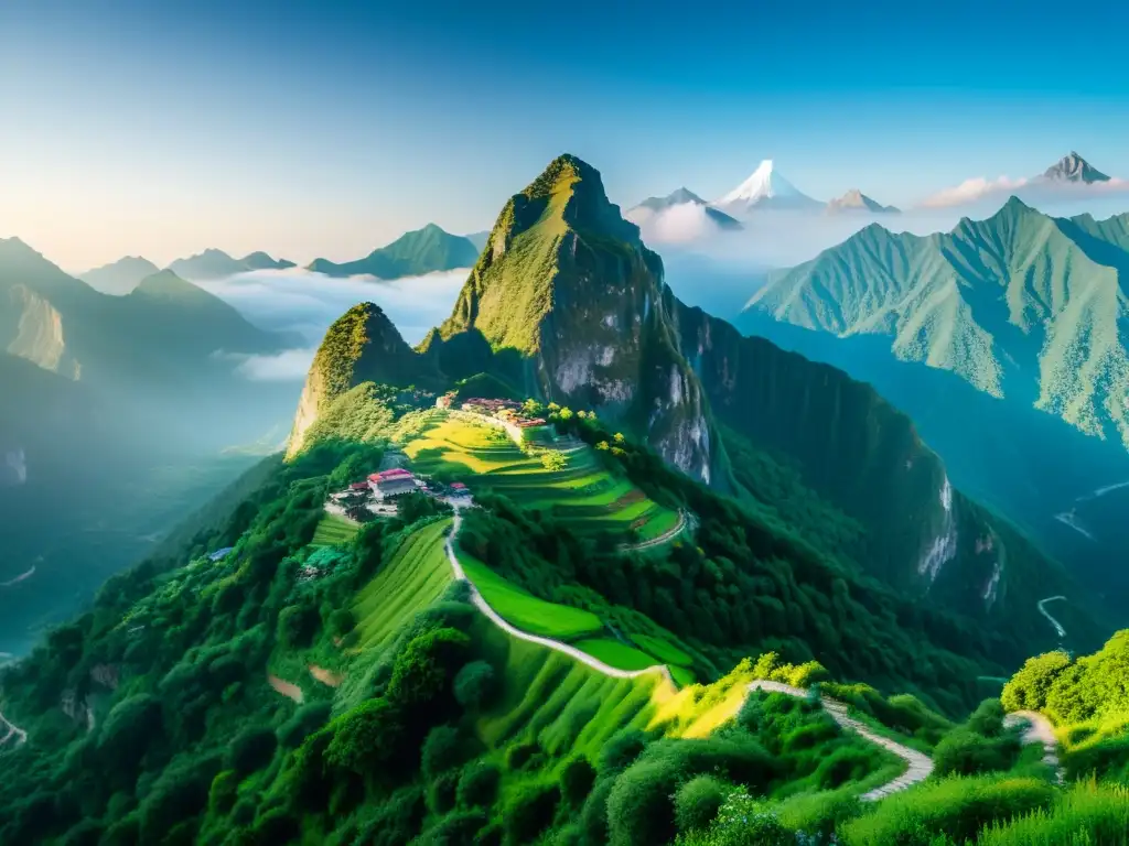 Imagen 8k detallada de una mística y remota montaña oriental, evocando la serenidad y grandeza de la naturaleza, ideal para ascensiones a montañas místicas orientales