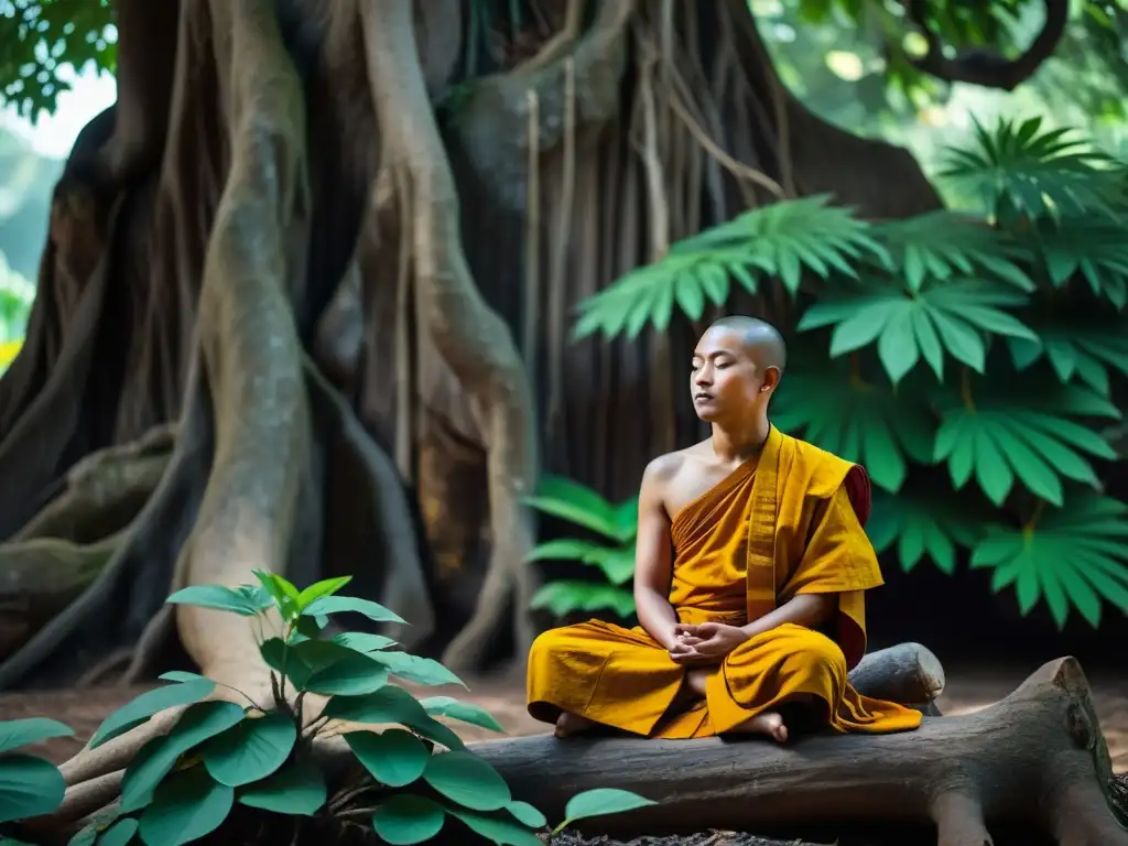 Imagen detallada de un monje budista meditando bajo el árbol Bodhi, con patrones en la corteza y hojas verdes