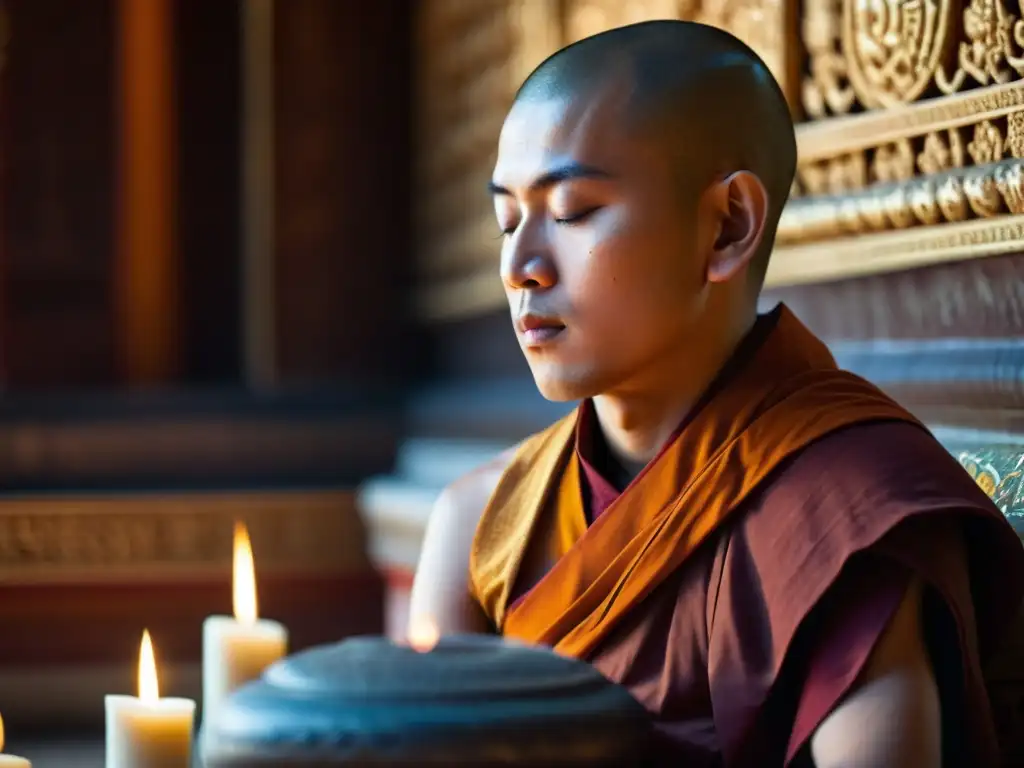 Imagen detallada de un monje budista meditando en un templo, con expresión serena