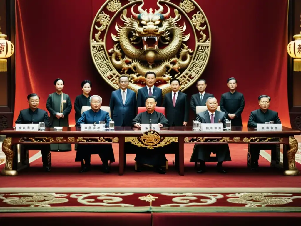 Una imagen detallada de oficiales del Servicio Civil en China, reunidos en una sala imperial, discutiendo asuntos de estado con seriedad y solemnidad