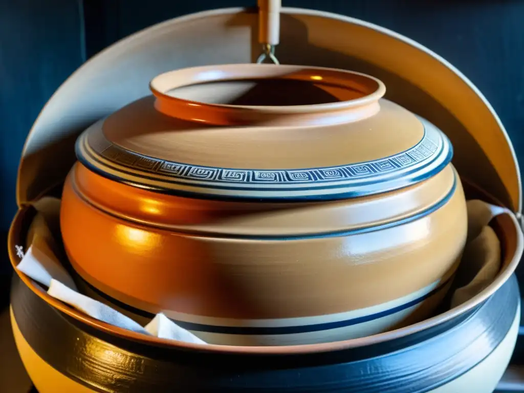 Onggi coreano: fermentación tradicional de jeotgal Una imagen detallada de un onggi coreano con ingredientes para ensaladas fermentadas jeotgal, iluminada por luz natural en un entorno fresco y oscuro