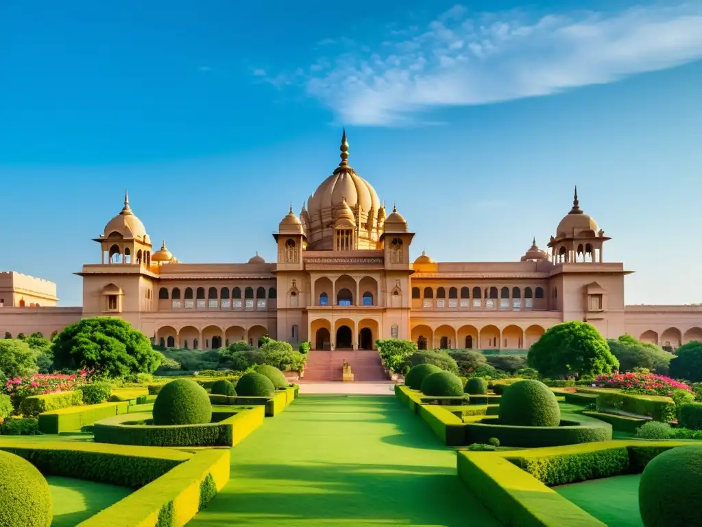 Imagen 8k detallada del opulento Palacio Umaid Bhawan en India, evocando lujo y historia en palacios de la India