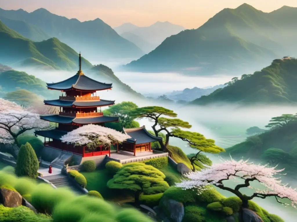 Imagen de ilustración detallada de paisaje montañoso oriental al amanecer con figura meditativa, transmitiendo serenidad