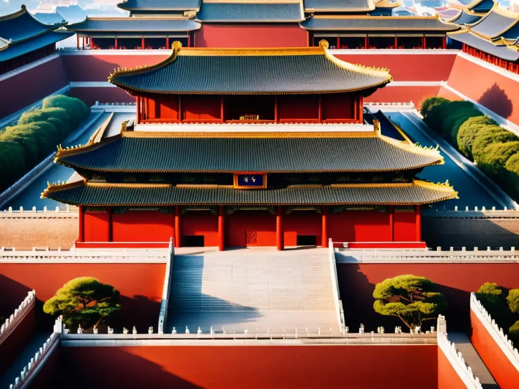 Imagen detallada del palacio imperial de la antigua Dinastía Zhou, evocando la longevidad de la Dinastía Zhou y su esplendor arquitectónico y cultural