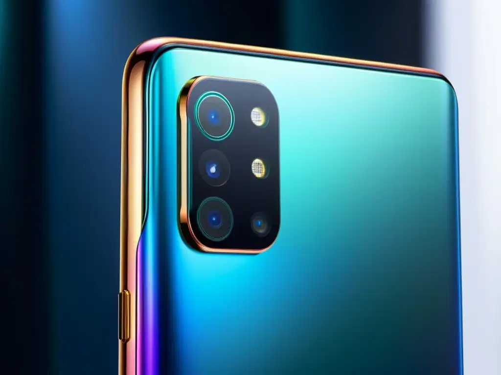 Detalles del Oppo Find X3 Pro: diseño sofisticado y tecnología innovadora Una imagen detallada del panel trasero del Oppo Find X3 Pro, con un diseño de módulo de cámara intrincado y un acabado de vidrio iridiscente