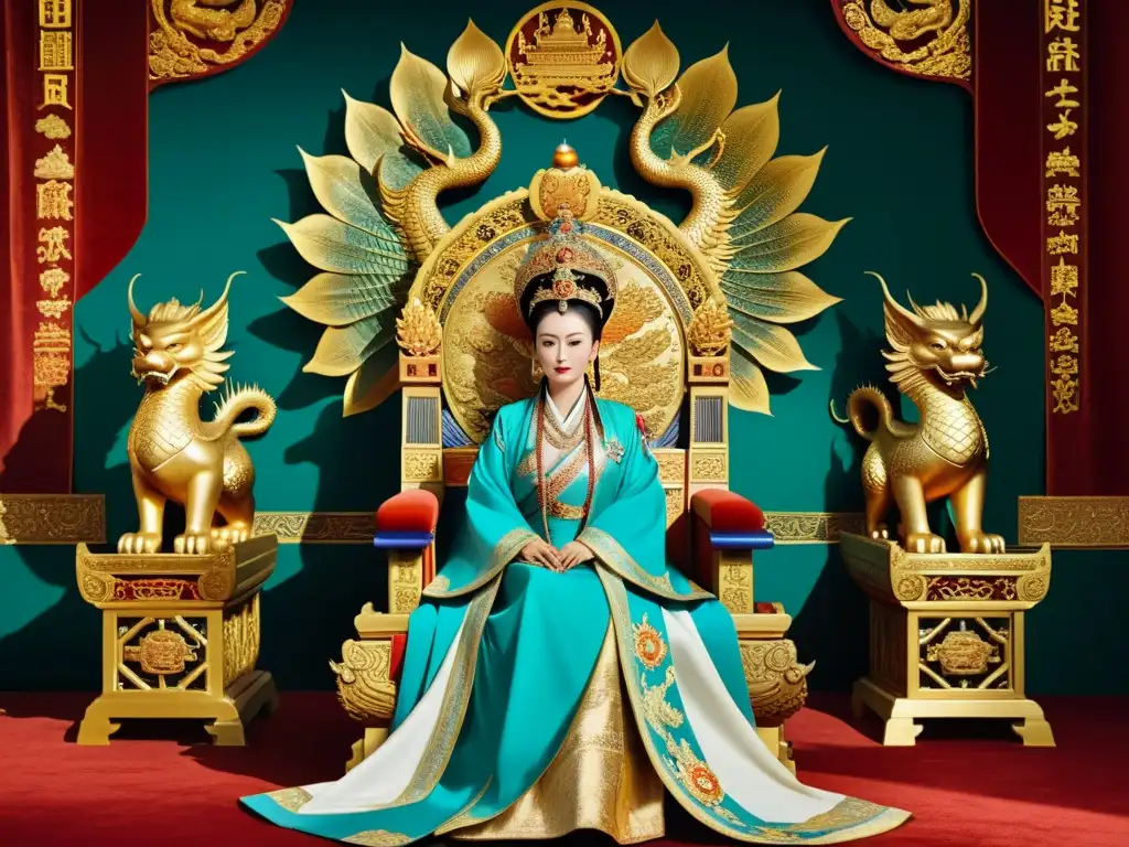 Imagen detallada de la poderosa emperatriz Wu Zetian en su trono, evocando el poder de las emperatrices en la historia china