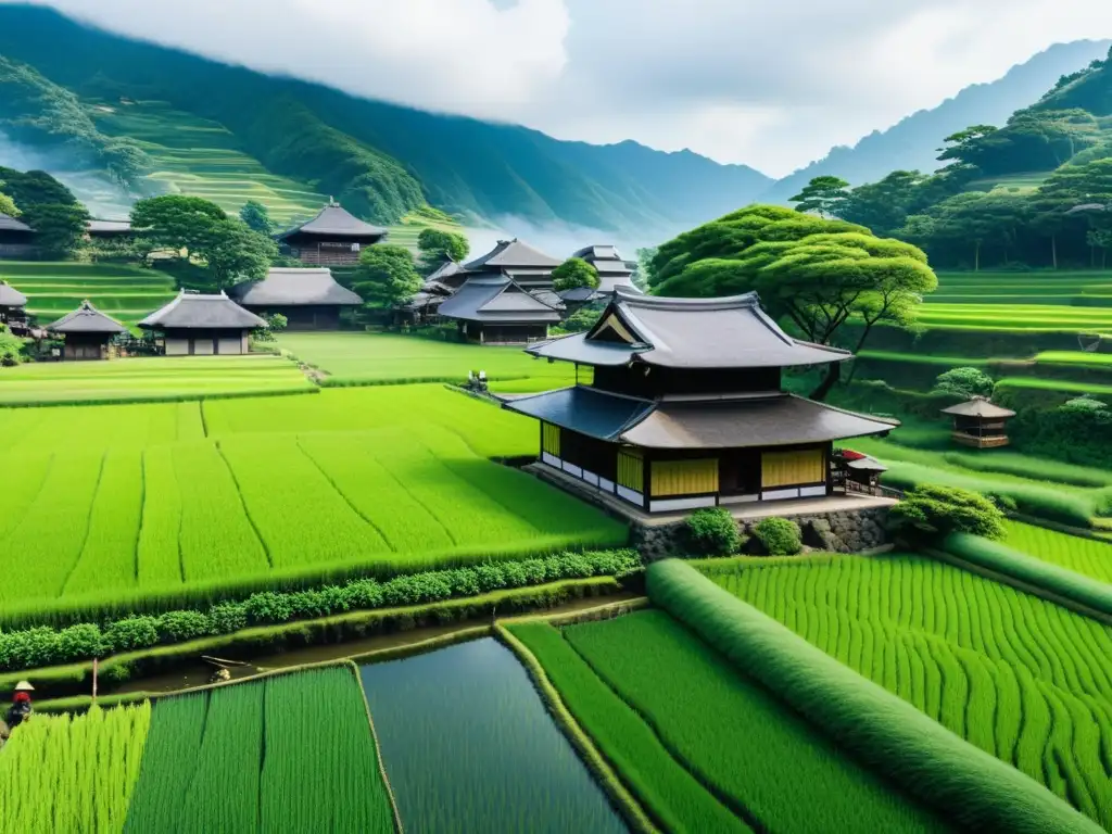 Imagen 8k detallada de un pueblo japonés feudal con arrozales verdes y casas tradicionales