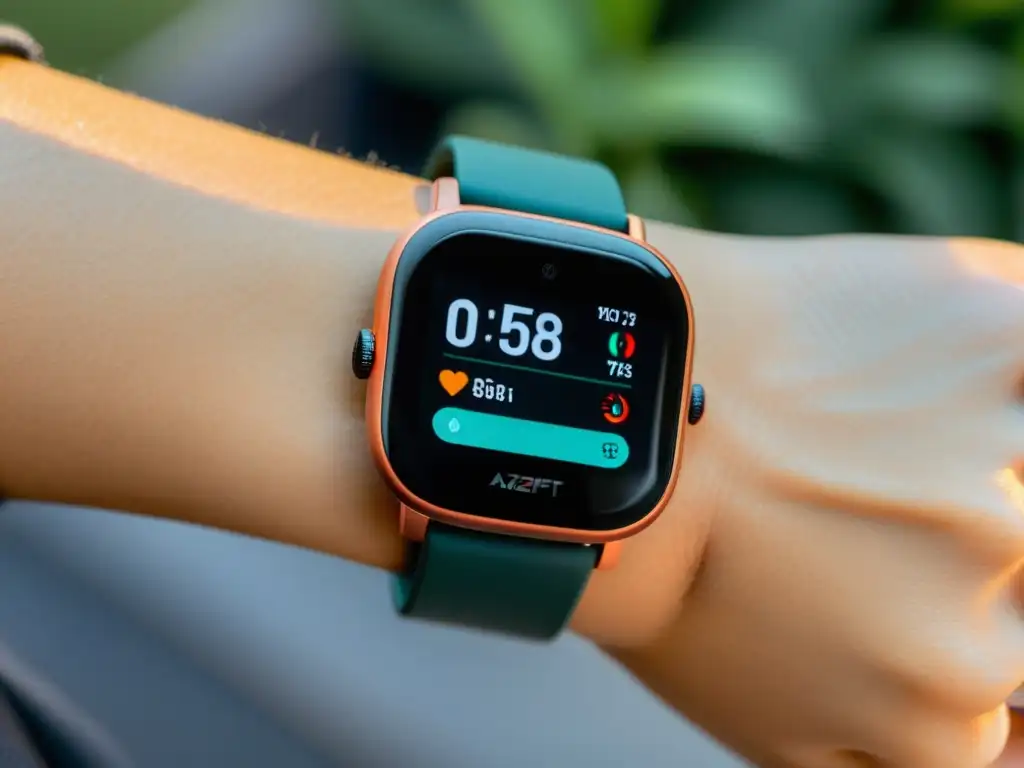 Una imagen detallada de la pulsera de fitness asiática Amazfit GTS 2 Mini, con su diseño minimalista y pantalla AMOLED vibrante en la muñeca, mostrando su integración en un estilo de vida saludable