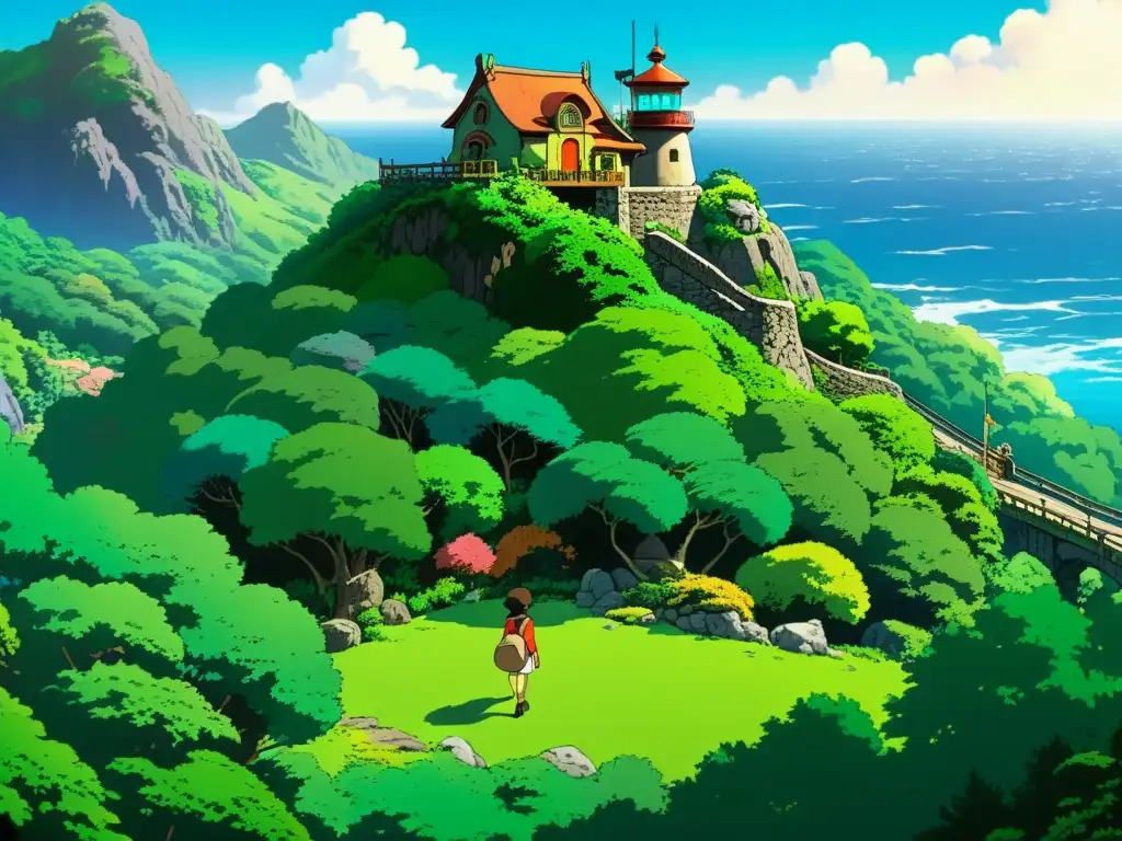 Imagen detallada de alta resolución del estudio de animación Studio Ghibli, capturando los personajes icónicos y paisajes fantásticos