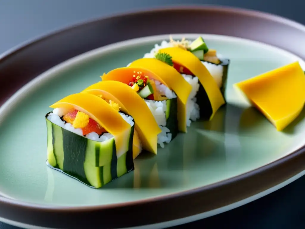 Una imagen detallada de un rollo de sushi con ingredientes no tradicionales como mango y aguacate, en un plato cerámico moderno