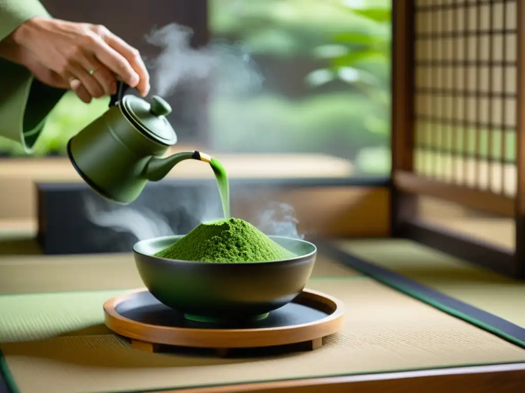 Imagen detallada de una serena ceremonia del té en Asia, capturando la gracia y tranquilidad de la ceremonia japonesa en una habitación de tatami