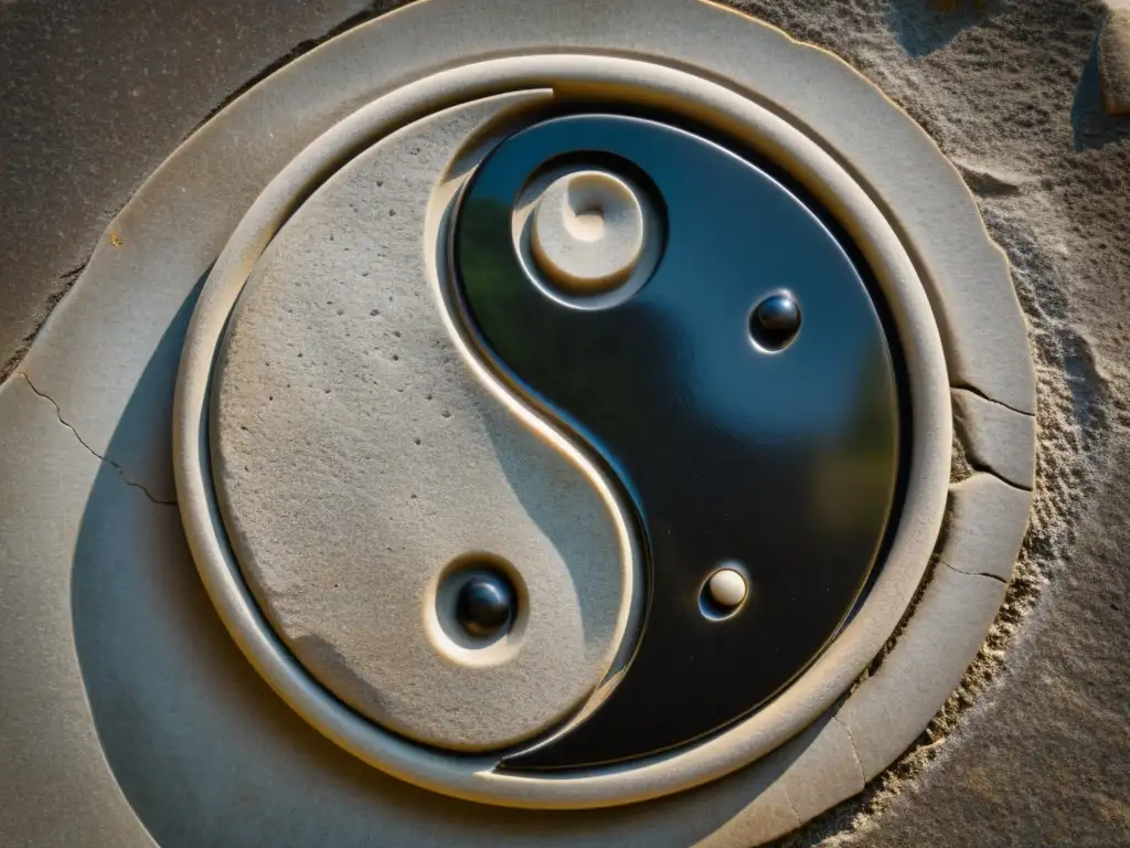 Imagen detallada del símbolo yinyang tallado en piedra, con textura antigua y equilibrio personal con principios taoístas