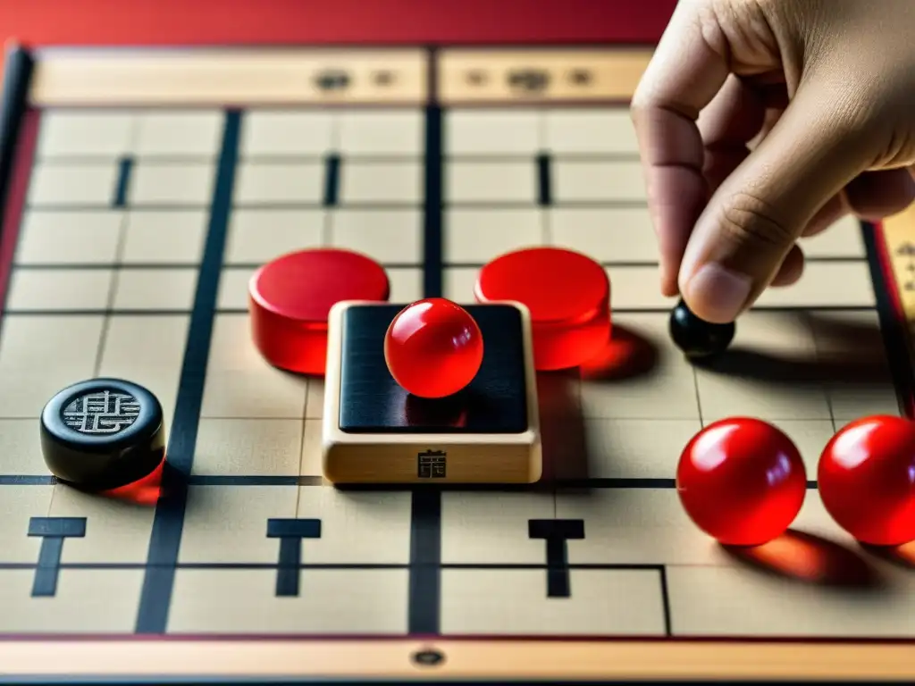 Una imagen detallada del tablero de Xiangqi, con piezas rojas y negras resaltando las diferencias entre Xiangqi y Ajedrez