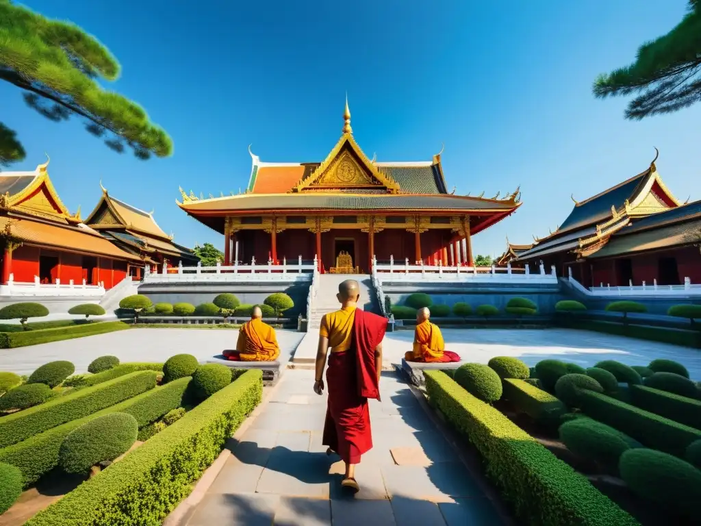 Imagen detallada de un templo budista tradicional en Asia, con colores vibrantes, detalles arquitectónicos, naturaleza exuberante y una atmósfera espiritual