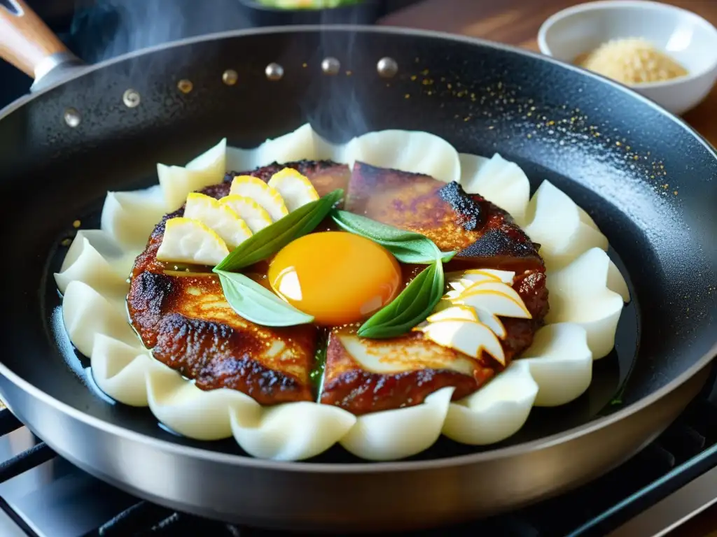 Una imagen detallada de tortillas coreanas Jeon cocinándose en una sartén caliente, mostrando la vibrante preparación de esta receta tradicional