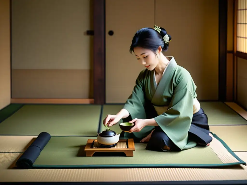 Ceremonia del té japonesa: maestro sirviendo matcha Una imagen detallada de una tranquila ceremonia del té japonés con la palabra clave 'Enriquecimiento educativo a través de tradiciones asiáticas'