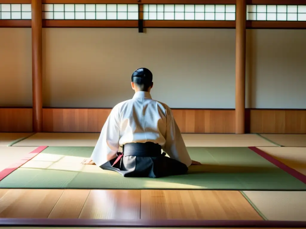 Una imagen 8K detallada de un tranquilo dojo iluminado por luz natural, con practicantes de Aikido ejecutando movimientos fluidos y elegantes