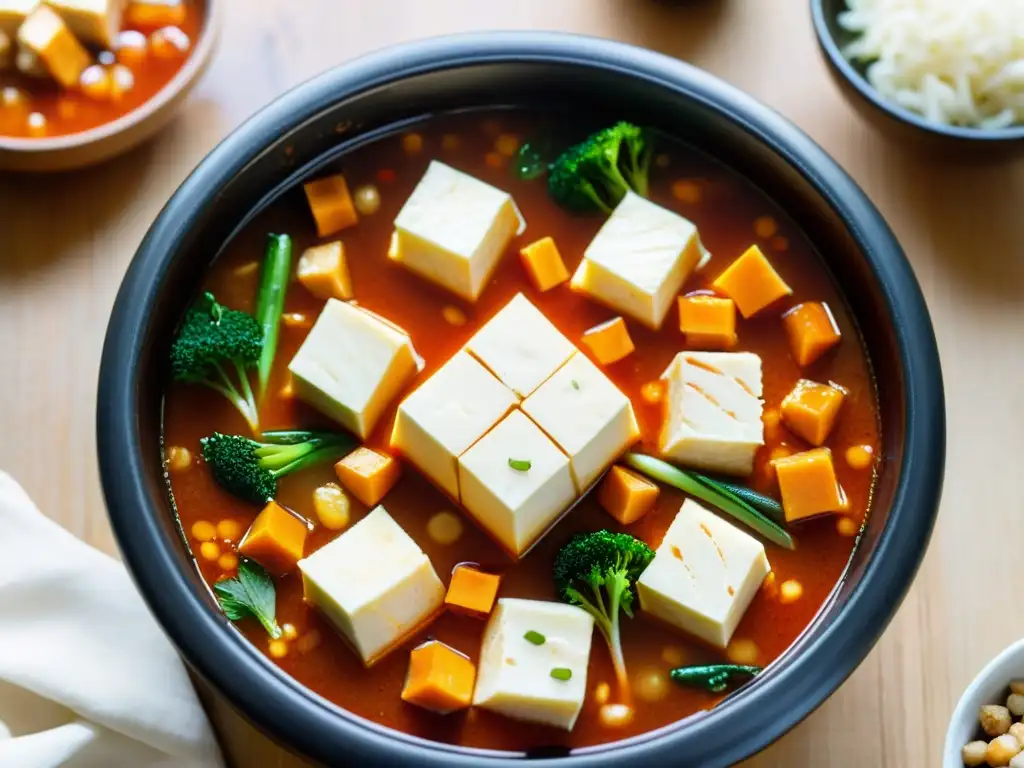 Una imagen detallada y vibrante de una olla burbujeante de soondubu jjigae, sopa de tofu coreana, rodeada de banchan y palillos de madera