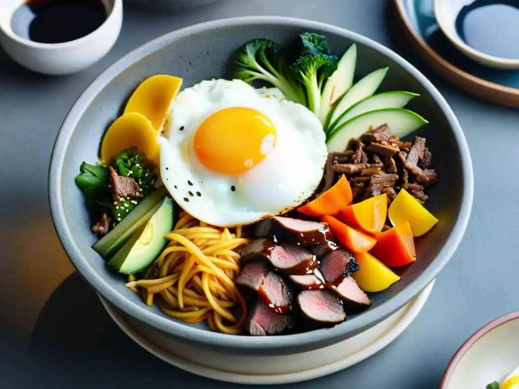 Una imagen detallada y vibrante de un plato de bibimbap coreano, entendiendo el umami en platos coreanos