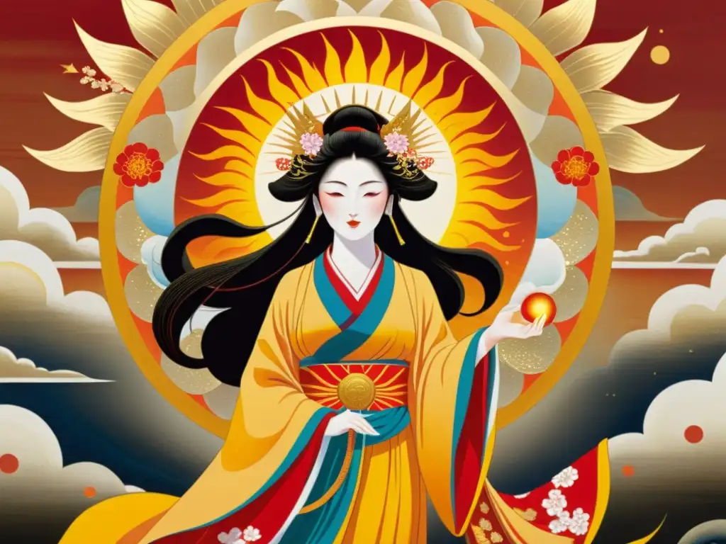 La imagen muestra a la diosa del sol Amaterasu en vibrante pintura japonesa, rodeada de una aura celestial y con expresión serena