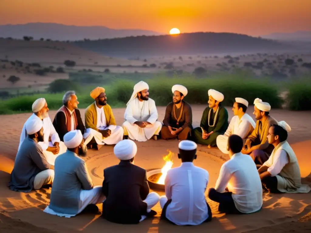 Una imagen de diversidad cultural y diálogo profundo al atardecer, simbolizando la Ética del Sufismo para la paz