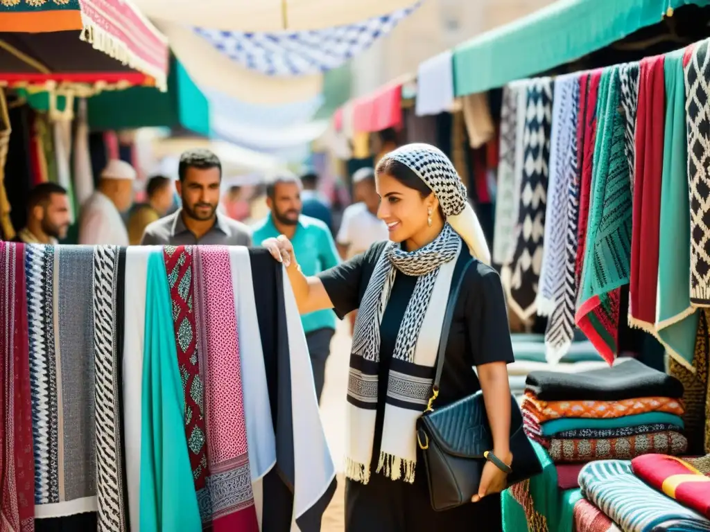 Imagen documental de un bullicioso mercado de moda global con un puesto que destaca variados kuffiyeh palestinos