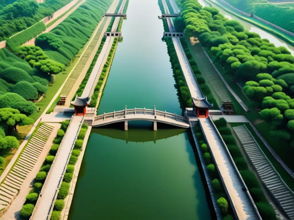 Imagen documental de alta resolución del Canal Imperial en China, con sus intrincados canales de agua, puentes de piedra y paisajes circundantes, evocando la esencia de la antigua civilización china y su vital red de canales