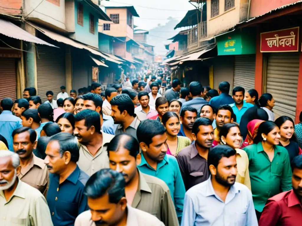 Una imagen documental de una concurrida calle en India o Nepal, mostrando la jerarquía social y la diversidad cultural entre las personas