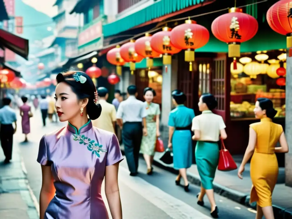 Una imagen documental de alta resolución que captura la elegancia atemporal de mujeres chinas usando Cheongsam en una bulliciosa calle de Hong Kong en los años 50, fusionando la moda occidental con la herencia china