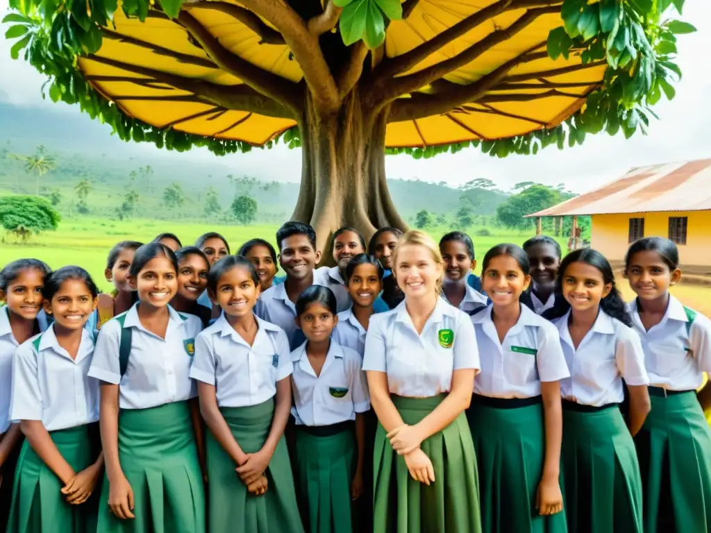 Imagen documental de estudiantes y maestros reunidos bajo un árbol colorido en una escuela rural de Sri Lanka, mostrando esperanza y reconstrucción educativa postguerra