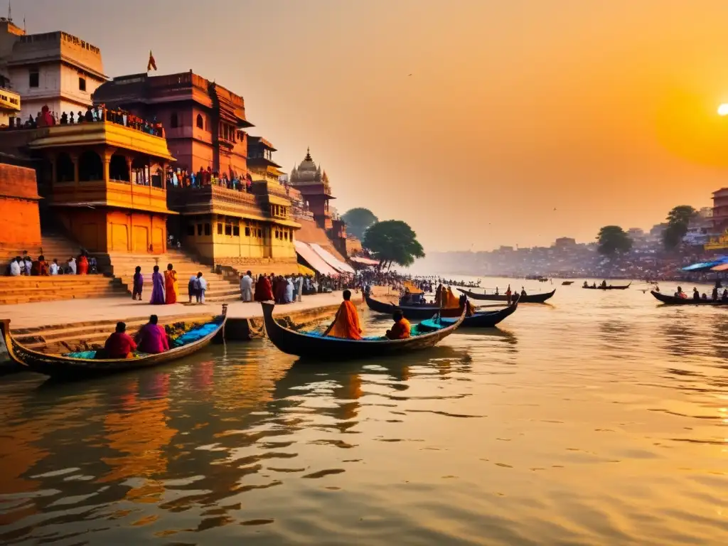 Imagen documental del Ganges en Varanasi, India, con sus colores vibrantes, templos antiguos y devotos realizando rituales