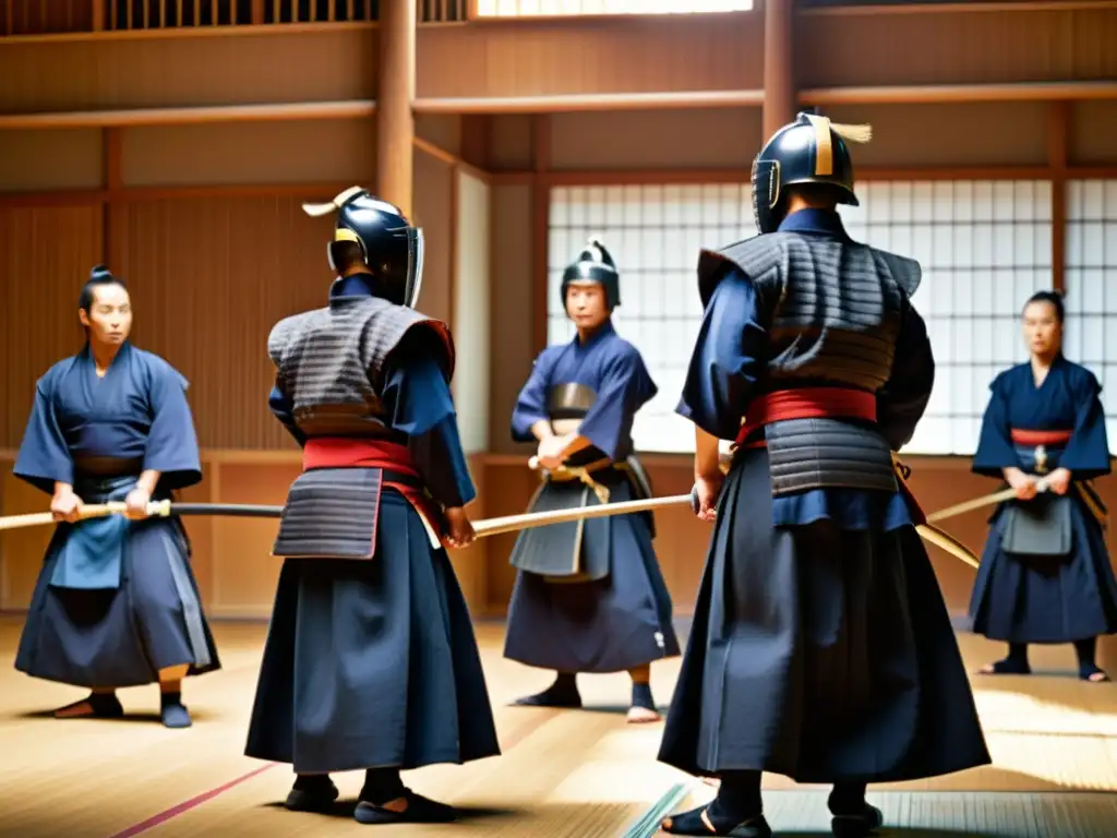 Imagen documental de maestros de kendo en un dojo tradicional, mostrando la ética y estética del Kendo en un intenso combate de espadas de bambú