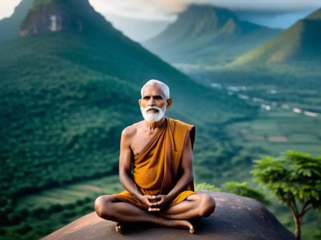 Imagen documental de Ramana Maharshi en meditación frente al Monte Arunachala, evocando paz y autoinvestigación espiritual