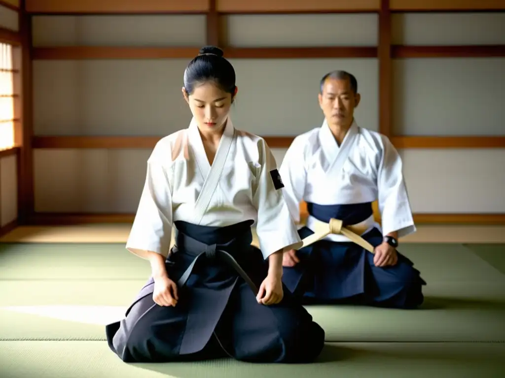 Una imagen documental de alta resolución muestra un dojo sereno con practicantes de Aikido en uniformes blancos, reflejando la filosofía de vida en Aikido con movimientos fluidos y concentración profunda