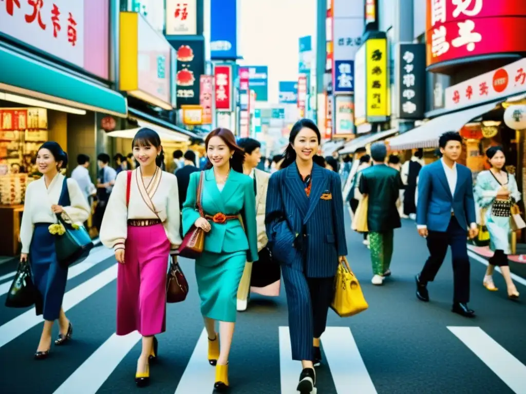 Una imagen documental de alta resolución muestra la moda vibrante y ecléctica de jóvenes locales en una concurrida calle de Tokio, Japón