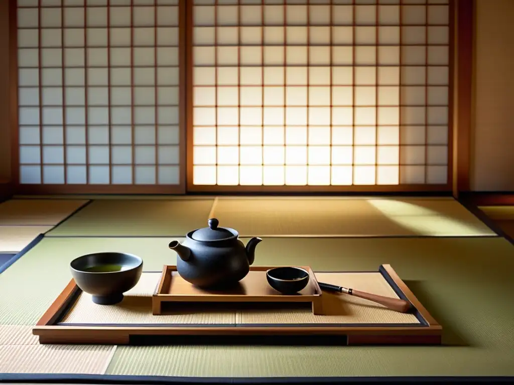 Imagen documental de un ritual del té en Japón, con una atmósfera serena y elegante, donde una maestra del té realiza movimientos precisos y gráciles mientras prepara y sirve el té