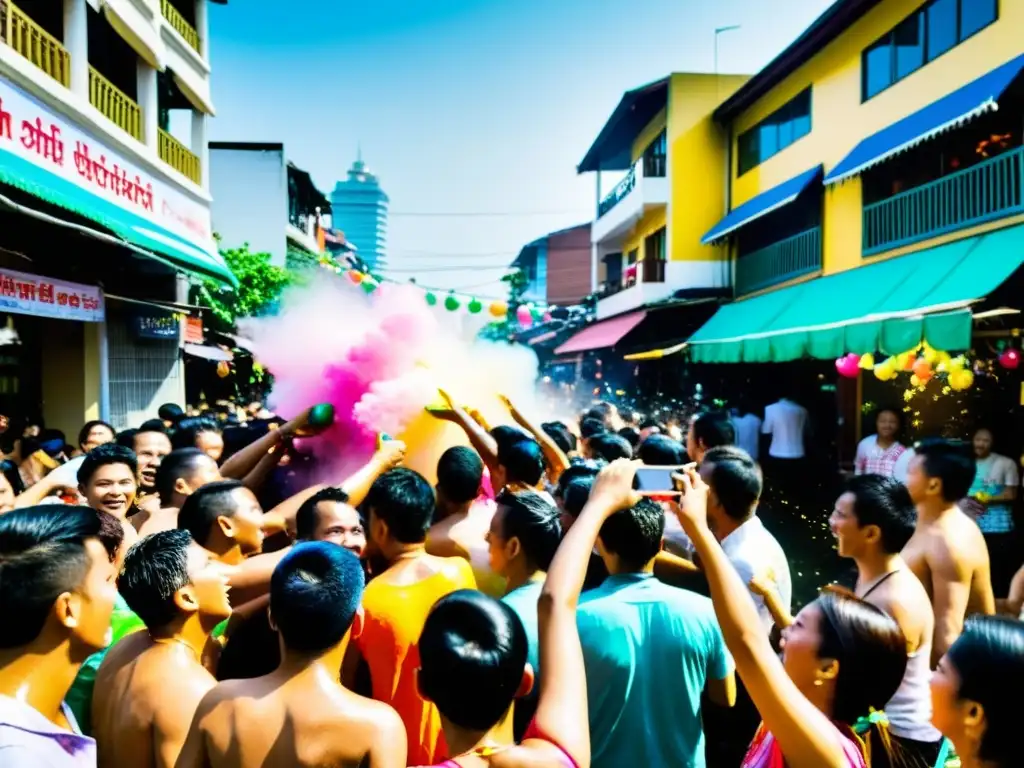 Vibrante caos del Songkran en Tailandia Imagen documental de la vibrante celebración del festival Songkran en Tailandia, con gente alegre participando en las festividades acuáticas