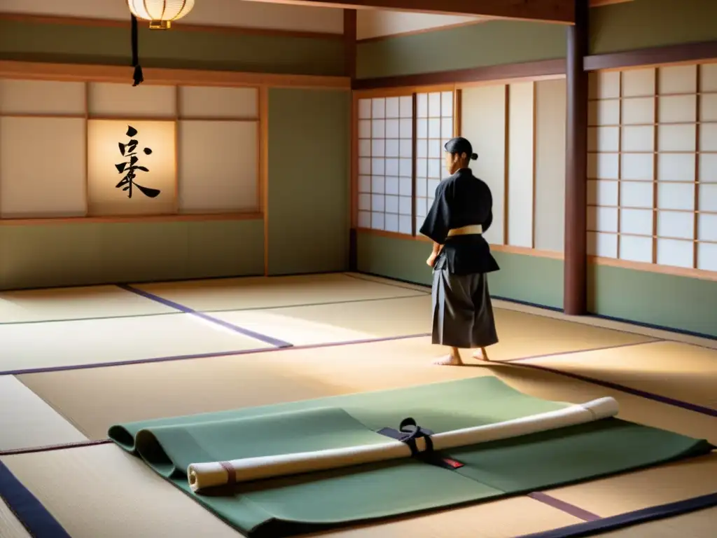 Imagen de un dojo de Aikido tranquilo, con luz natural y practicantes en movimientos armoniosos sobre tatamis