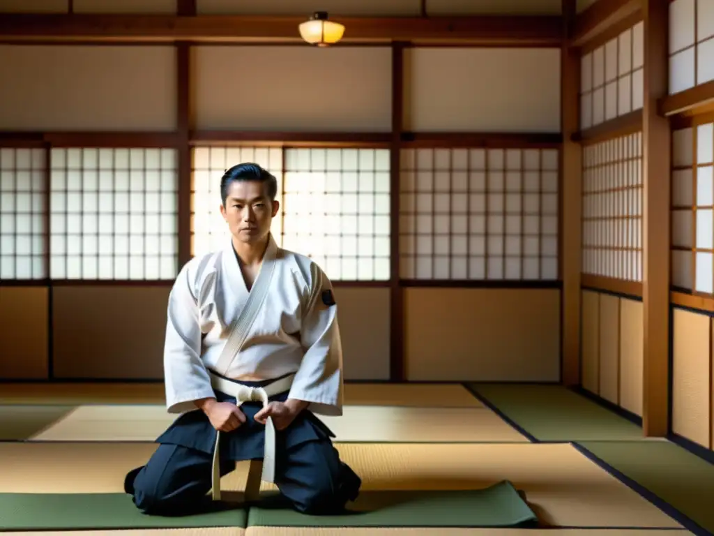 Una imagen de un dojo sereno y tradicional japonés donde se practica Shorinji Kempo, transmitiendo filosofía Zen y armonía