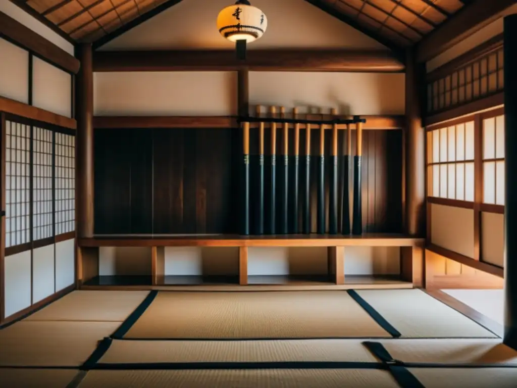 Imagen de un dojo tradicional japonés con armas de entrenamiento y practicantes de Aikijujutsu técnica samurai historia