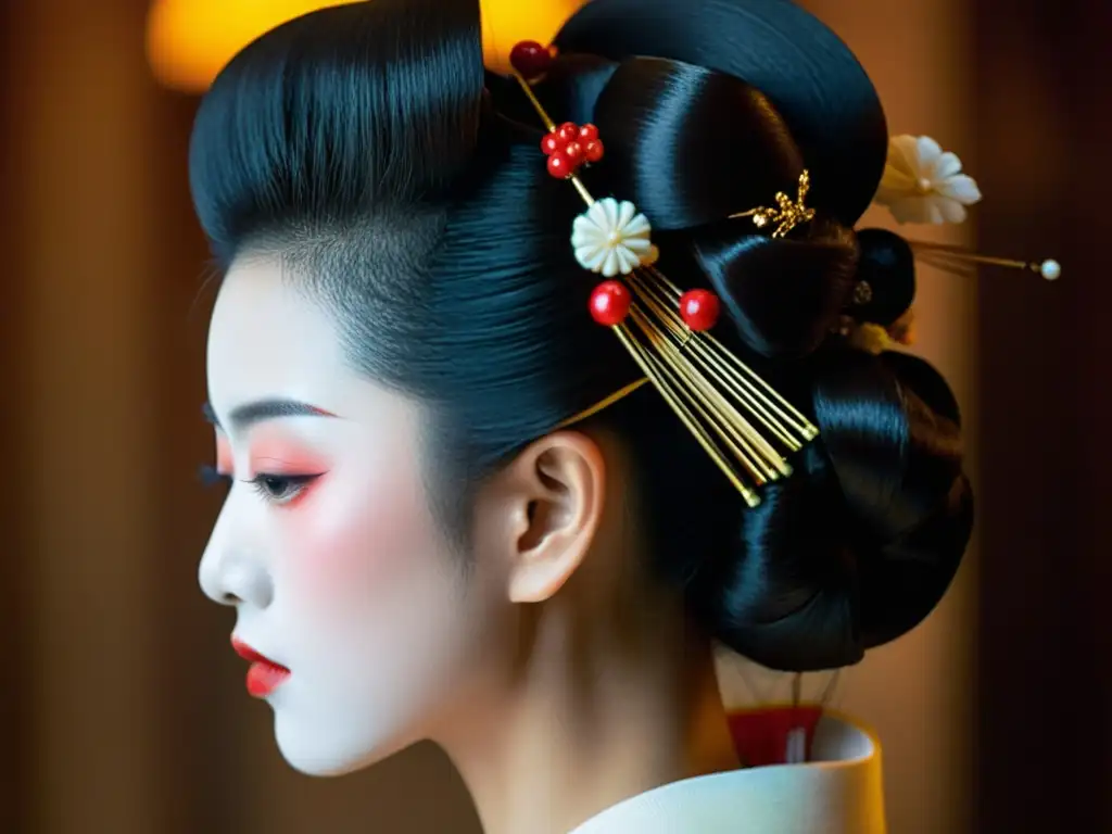 La imagen muestra la elaborada y significativa peinado de una geisha, destacando la artesanía, elegancia y enigma de la cultura japonesa