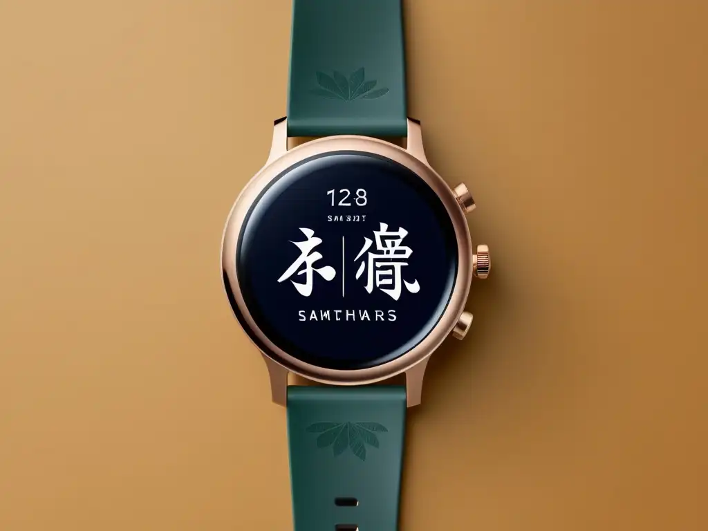 Imagen de un elegante smartwatch con caligrafía asiática, fusionando tradición y tecnología