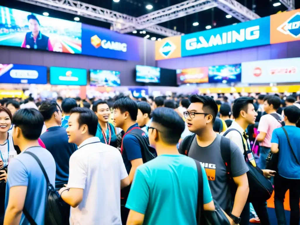 La imagen muestra la emoción y energía de una concurrida convención de juegos en Asia, con vibrantes colores y tecnología de vanguardia