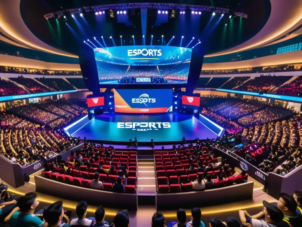 La imagen muestra un emocionante evento de eSports en Asia, con miles de espectadores apasionados y una intensa competencia en el escenario principal