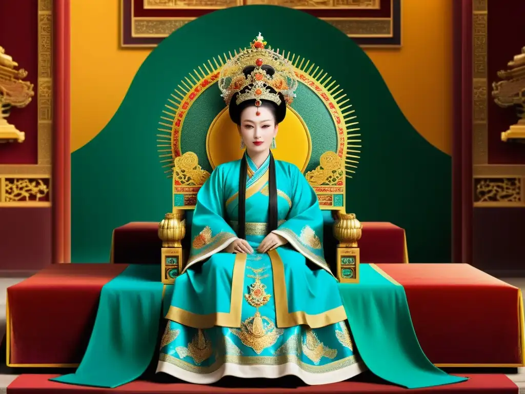 Imagen de la Emperatriz Wu Zetian en su trono, exudando poder y autoridad en la opulenta corte de la dinastía Tang