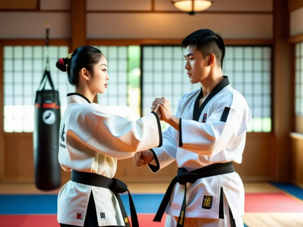 Imagen de equilibrio y armonía en Taekwondo: dos practicantes en el dojo, con expresiones enfocadas y cinturones blanco y negro